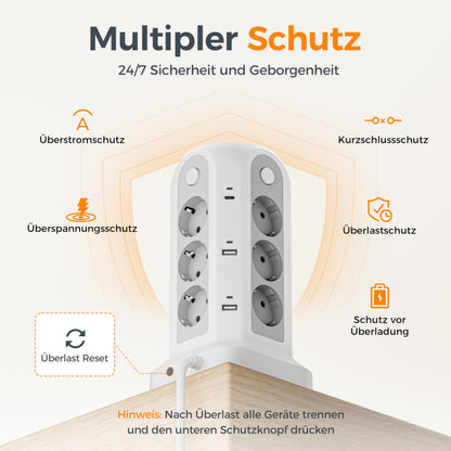 TESSAN Steckdosenturm 12-fach mit USB-C, 5 m Kabel, Weiss