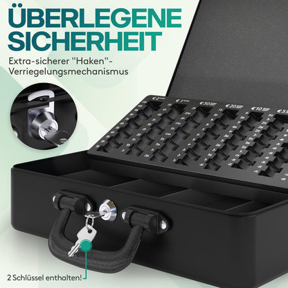 ACROPAQ Geldkassette abschliessbar, gross, mit Münzzählbrett, schwarz