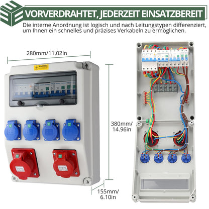 EYPINS Baustromverteiler IP66 mit LS + FI, 4x Schuko + 2x CEE