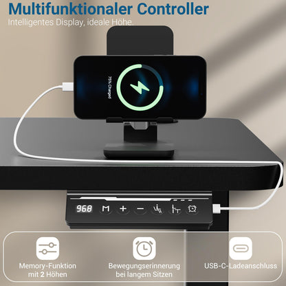 VFU Elektrischer Stehpult 140x60 cm USB-C Schwarz Pro