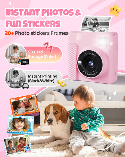 TIATUA Kinderkamera Sofortbildkamera X2 mit 32 GB Karte, rosa