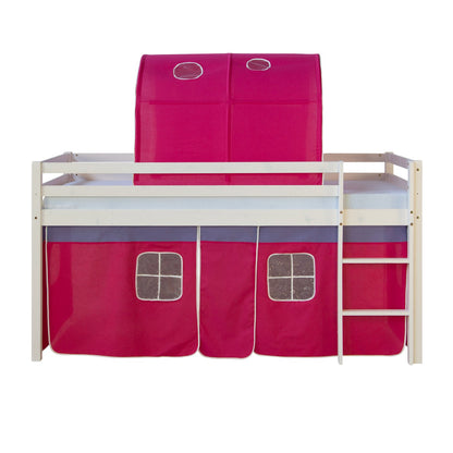 Homestyle4u Hochbett 90x200 Weiss Pink mit Treppe & Tunnel