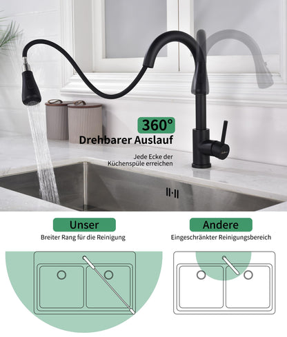 Baollansa Küchenarmatur BJQ2006 ausziehbar, 3 Strahlarten, schwarz