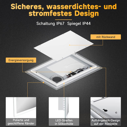 SONNI LED Lichtspiegel 100x60cm - 3 Lichtfarben, Uhr, Vergrösserung
