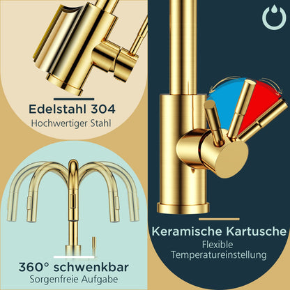 FORIOUS Küchenarmatur Hoher Bogen Ausziehbar – Gebürstetes Gold