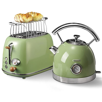 Wiltal Frühstücks-Set Toaster Wasserkocher Edelstahl Retro Grün zum Brot toasten und Wasser kochen fürs Frühstück.