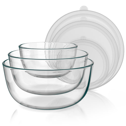 Arendo Rührschüssel-Set 3-teilig aus Borosilikatglas mit Deckel, drei stapelbare Glasschüsseln