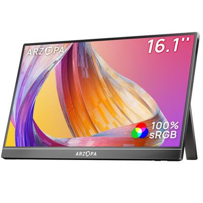 ARZOPA Z1C Portabler Monitor 16.1 Zoll FHD IPS mit HDMI und USB-C, schlankes Metallgehäuse, Einzelstangenhalterung