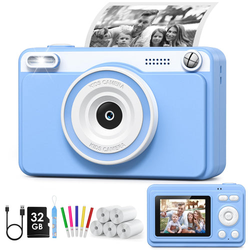 GREENKINDER Sofortbildkamera Kinder H10 mit 32GB Karte, Blau, mit 2,4-Zoll-Bildschirm und Sofortdruck