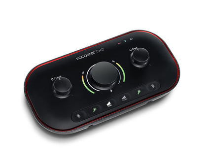 Focusrite Vocaster Two Podcast Audio-Interface – 2-Kanal. Dunkles 2-Kanal Audio-Interface für Mikrofone zur Podcast-Produktion und Streaming am Computer.