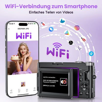 SIXTARY DC102 4K Digitalkamera 64MP Kompaktkamera mit WLAN