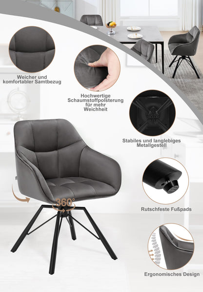 WOLTU Esszimmerstühle drehbar 2er Set - Samt dunkelgrau