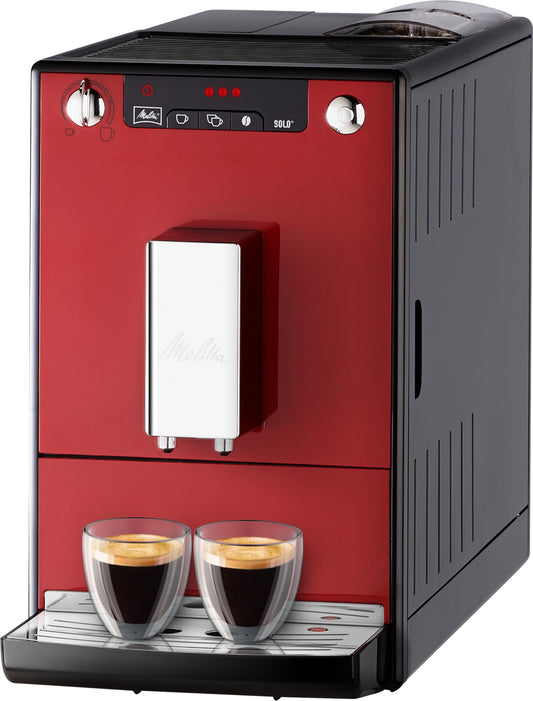 Melitta Caffeo Solo E950-204 schlanker Kaffeevollautomat rot. Bereitet vollautomatisch Kaffee aus ganzen Bohnen zu.