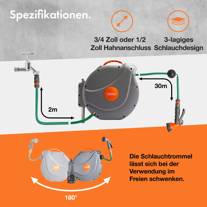 VonHaus Schlauchtrommel 30 m, automatischer Wand-Schlauchaufroller