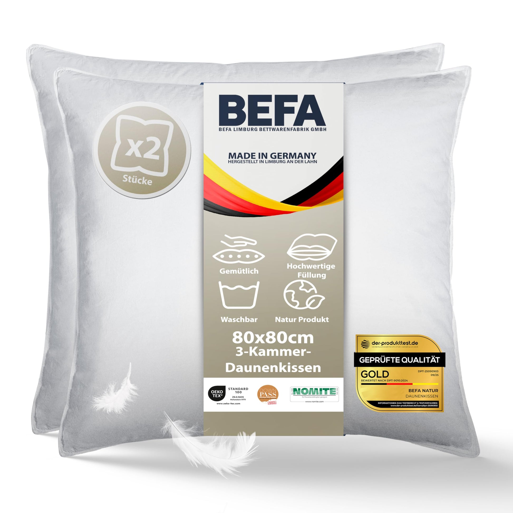 BEFA NATUR Daunenkissen 3-Kammer Kopfkissen 80x80 cm (2er Set), weiß, quadratisch. Unterstützt den Kopf im Schlaf.