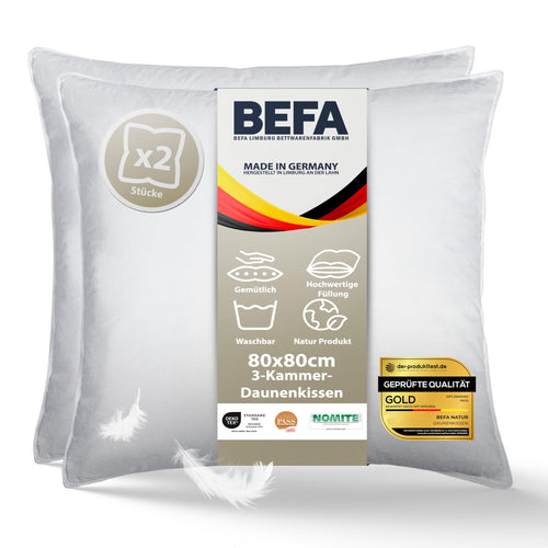 BEFA NATUR Daunenkissen 3-Kammer Kopfkissen 80x80 cm (2er Set)