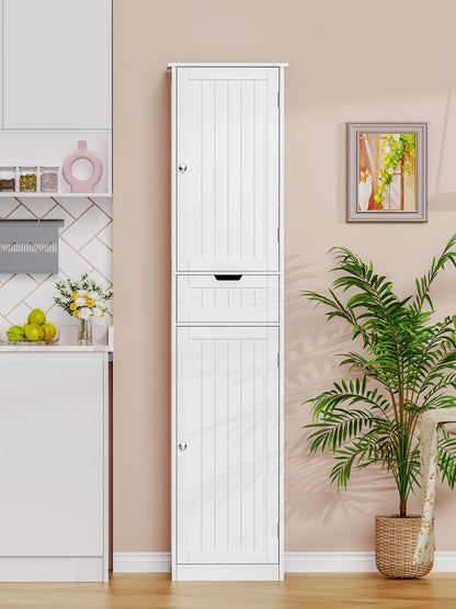 TEENFON Badezimmerschrank schmal mit 2 Türen und Schublade, weiss