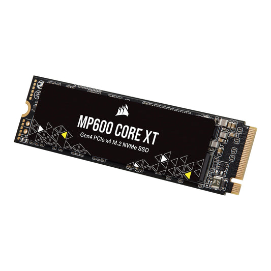 Corsair MP600 CORE XT 1TB SSD - PCIe 4.0 NVMe. Rechteckige, schwarze SSD-Platine. Speichert Daten mit hoher Geschwindigkeit über PCIe 4.0 für PC-Systeme.
