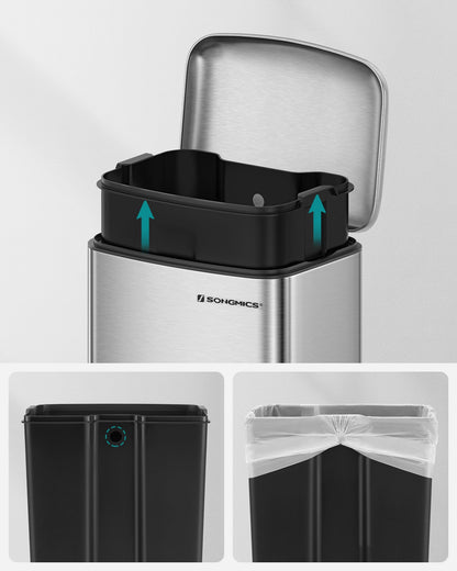 SONGMICS Mülleimer 30 Liter, Treteimer aus Stahl, Softclose, silbern