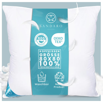Sandaro Home Kopfkissen 80x80 cm, Federkissen mit Gänsefedern, 1500 g – Bezug aus Baumwolle