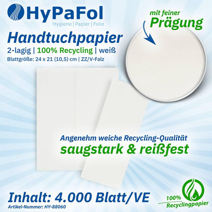 Hypafol V-Falz Papierhandtücher weiss – 2-lagig, 24x21 cm, 8000 Blatt