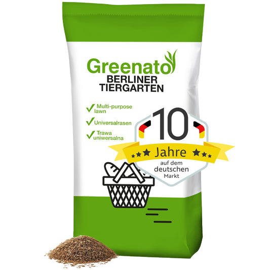 Greenato Berliner Tiergarten Rasensamen, braune, granuläre Körner. Dient zur schnellen Anlage von Rasenflächen bis 1200 m².