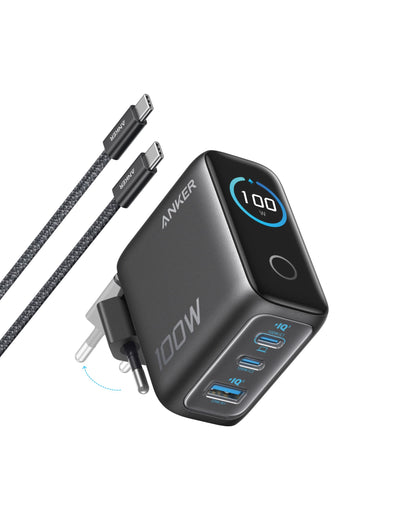 Anker 100W USB-C Ladegerät, 3-Port GaN Wandladegerät mit Display – einklappbarer Stecker, drei Anschlüsse