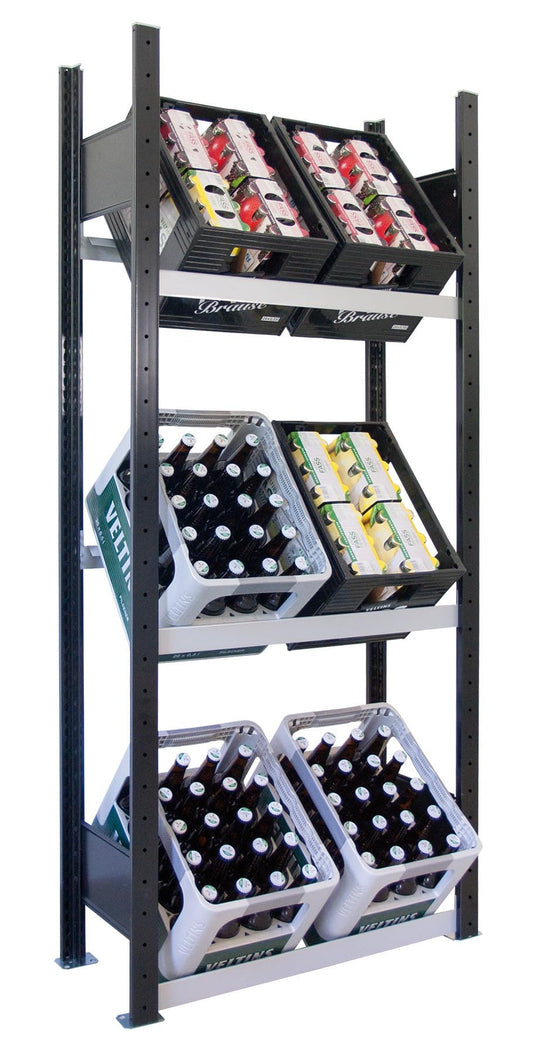 Schulte Lagertechnik Grundregal Getränkekisten 3 Ebenen – 6 Kisten Schwarz: Schwarzes Lagerregal mit 3 Ebenen zur Lagerung von bis zu 6 Getränkekisten.