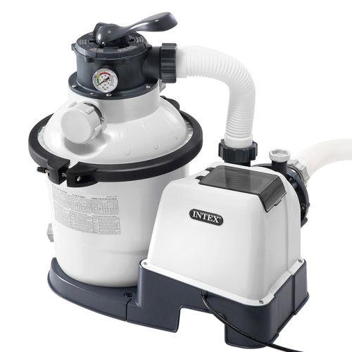 Intex Krystal Clear Sandfilteranlage 4,5m³ Grau/Schwarz, zylindrisches Gehäuse. Reinigt Schwimmbadwasser durch Sandfiltration.