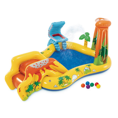 Intex 57444NP Play Center Dinosaurier, aufblasbares Planschbecken mit Wasserrutsche und Palme