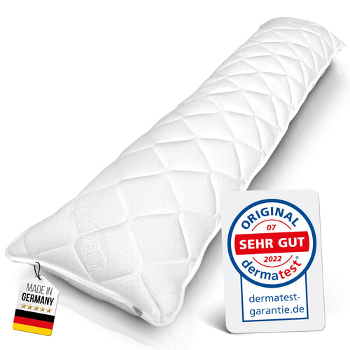 Rosenkern Seitenschläferkissen – orthopädisch, Made in Germany. Länglich, weiß. Stützt ergonomisch die Wirbelsäule in Seitenlage.