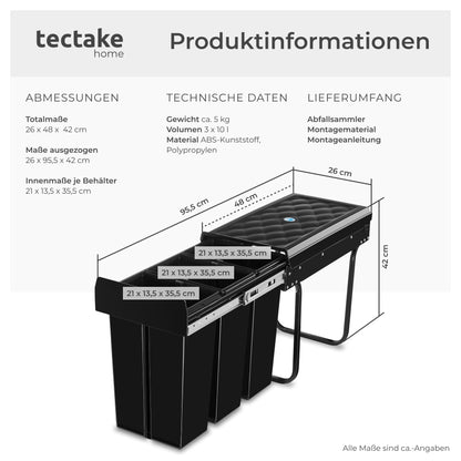 tectake Einbau Mülltrennsystem 3 Fächer ausziehbar - 3x 10L
