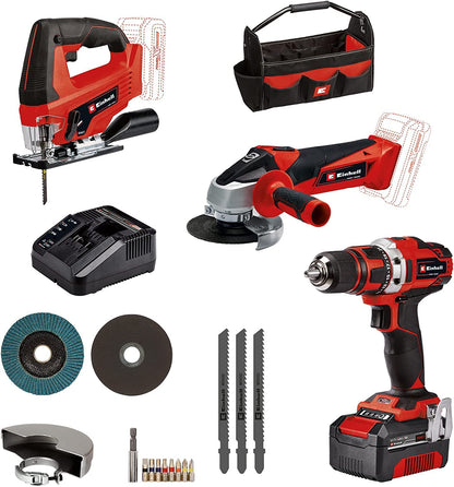 Einhell Power X-Change 3-tlg. Akku-Werkzeug-Set 18V inkl. Akku. Rot-schwarze 18V Akku-Werkzeuge. Vielseitig einsetzbar zum Bohren, Schrauben und Sägen.