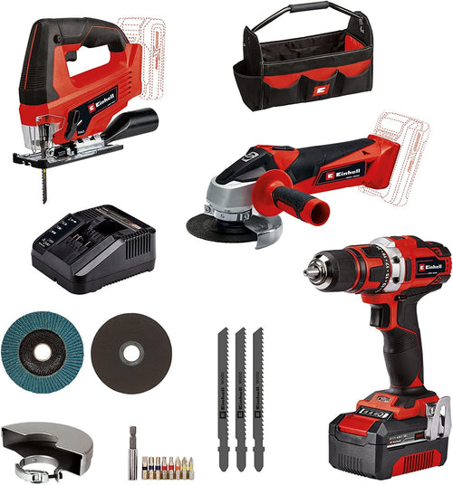 Einhell Power X-Change 3-tlg. Akku-Werkzeug-Set 18V inkl. Akku. Rot-schwarze 18V Akku-Werkzeuge. Vielseitig einsetzbar zum Bohren, Schrauben und Sägen.