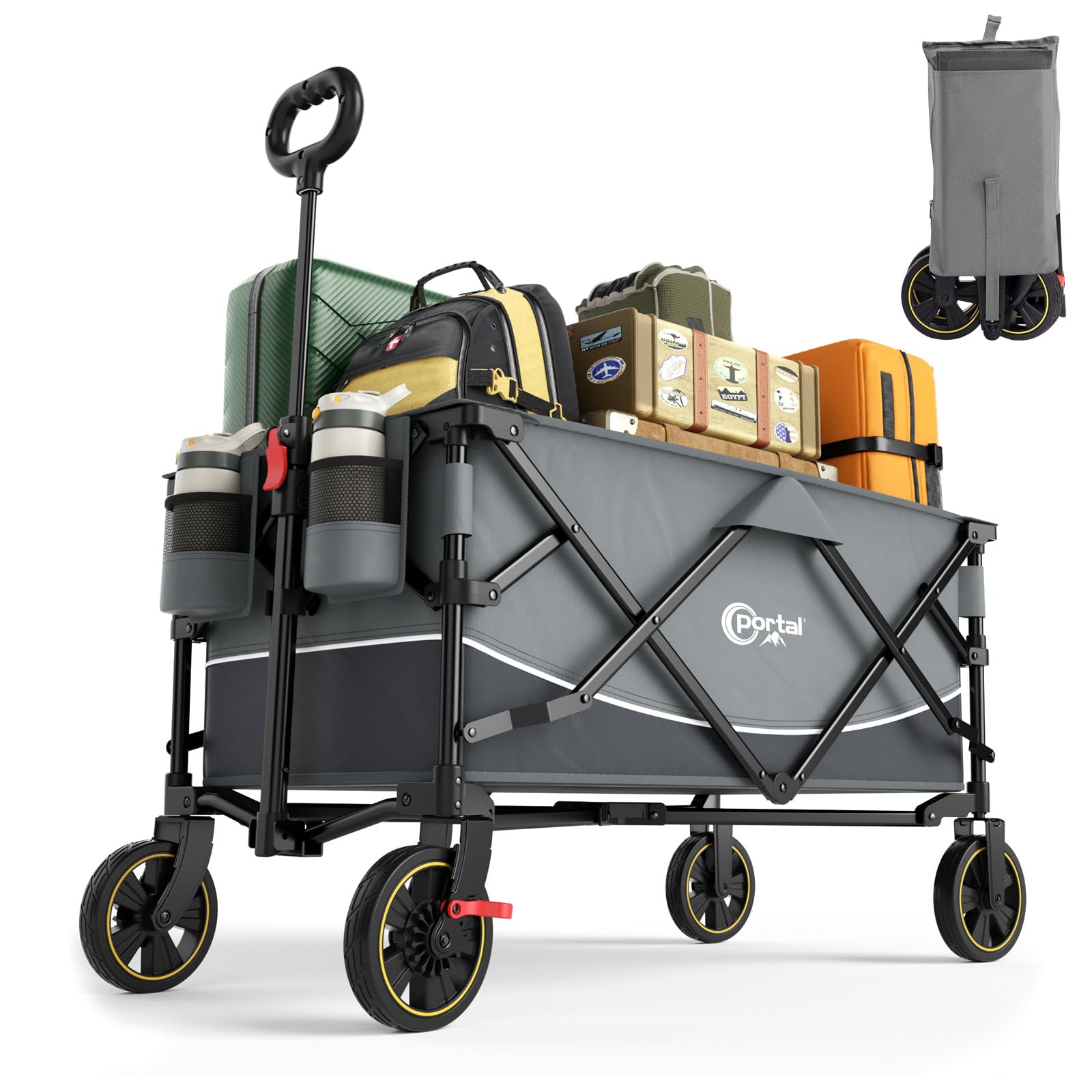Portal faltbarer XXL Bollerwagen - 120kg Belastbarkeit, schwarz. Faltbares Design für Lastentransport bei Outdoor-Aktivitäten.