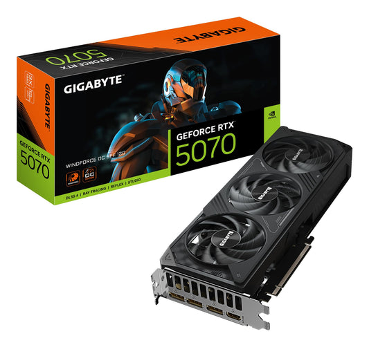 Gigabyte GeForce RTX 5070 WINDFORCE OC SFF 12G Grafikkarte. Schwarz, kompakt mit Lüftern, für anspruchsvolles Gaming.