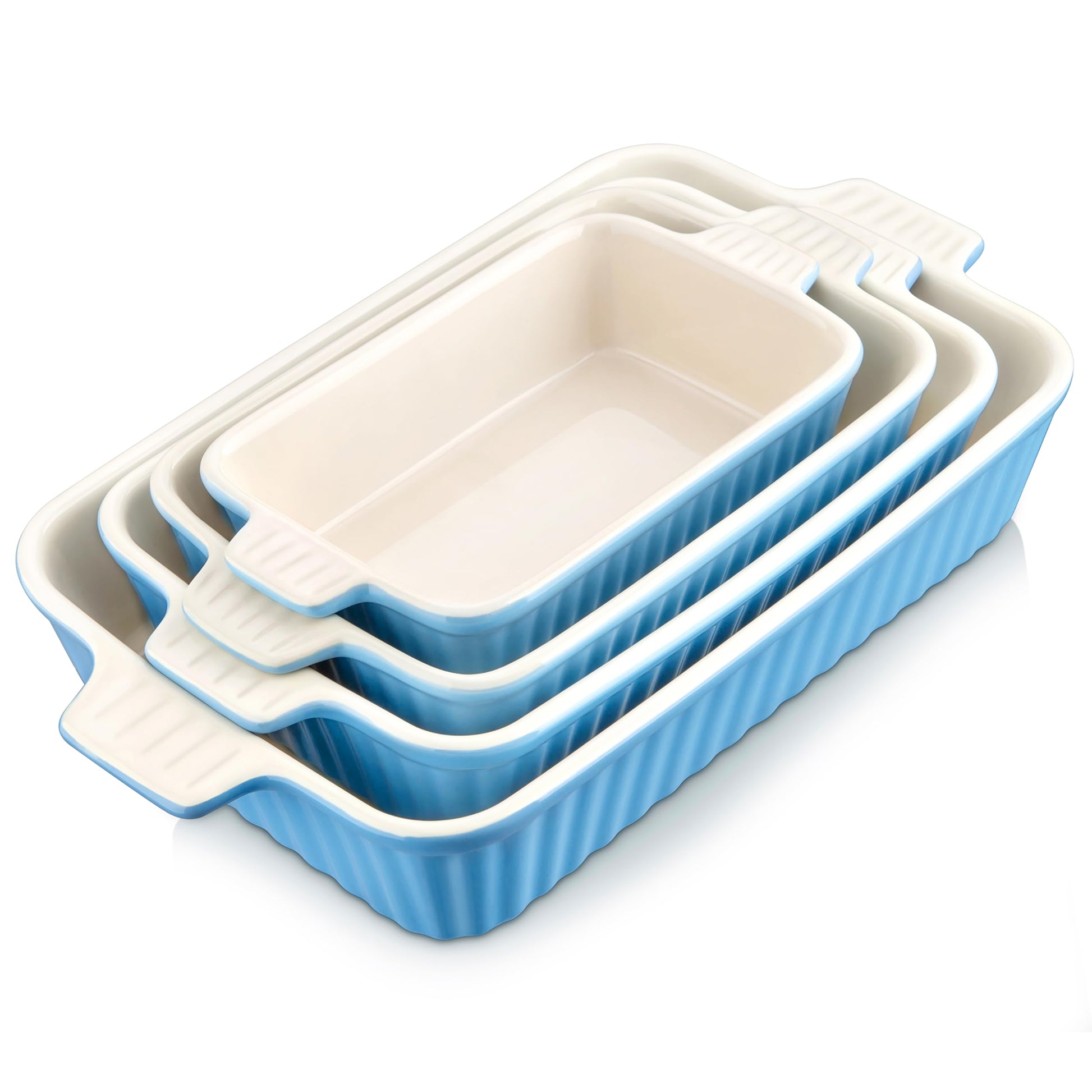 MALACASA Auflaufform Set 4-teilig aus Keramik, ofenfest, blau – rechteckige Formen mit beidseitigen Griffen