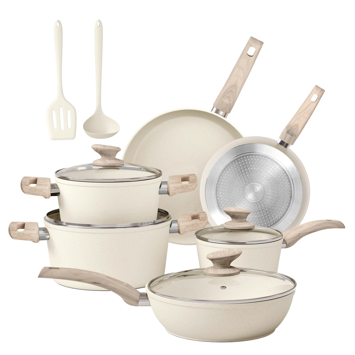 Kitchen Academy Topf- und Pfannenset 12-teilig Antihaft Beige mit Deckeln und dunklen Bakelitgriffen