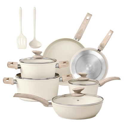 Kitchen Academy Topf- und Pfannenset 12-teilig Antihaft Beige mit Deckeln und dunklen Bakelitgriffen