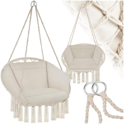tectake Hängesessel mit Gestell, Indoor und Outdoor, beige – Sitz aus Baumwollgeflecht mit weichem Kissen