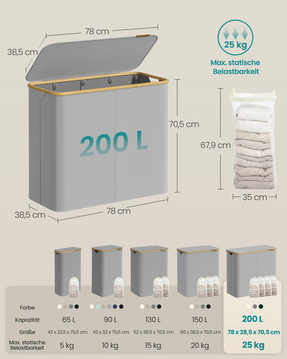 SONGMICS Wäschekorb mit Deckel, 4 Fächer, 200 L, faltbar, taubengrau