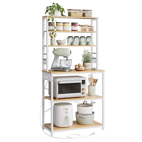 VASAGLE KKS119Y02 Küchenregal, rechteckig, Goldeiche-Wolkenweiss. Integrierte Steckdosen zum Betrieb elektrischer Küchengeräte.