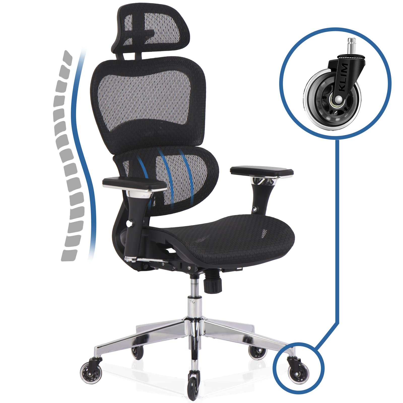 KLIM K800 Ergonomischer Bürostuhl – Lendenstütze, 4D Armlehnen. Schwarzer Bürostuhl mit hoher Rückenlehne für ergonomisches Sitzen am Schreibtisch.