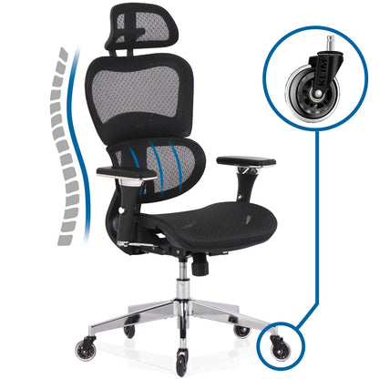 KLIM K800 Ergonomischer Bürostuhl – Lendenstütze, 4D Armlehnen. Schwarzer Bürostuhl mit hoher Rückenlehne für ergonomisches Sitzen am Schreibtisch.