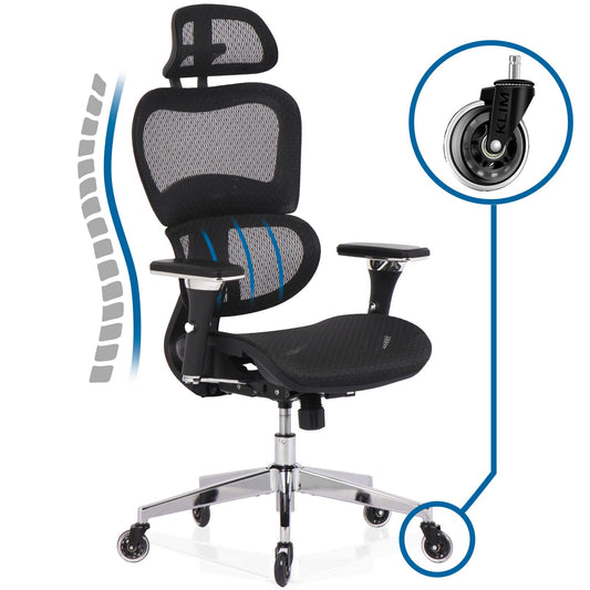 KLIM K800 Ergonomischer Bürostuhl – Lendenstütze, 4D Armlehnen. Schwarzer Bürostuhl mit hoher Rückenlehne für ergonomisches Sitzen am Schreibtisch.