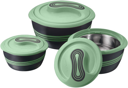 Pinnacle Thermoschüssel Set 3-teilig Edelstahl Warmhaltebehälter grün, runde Schüsseln mit Deckel und Griffen