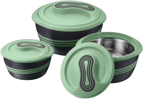 Pinnacle Thermoschüssel Set 3-teilig Edelstahl Warmhaltebehälter grün, runde Schüsseln mit Deckel und Griffen