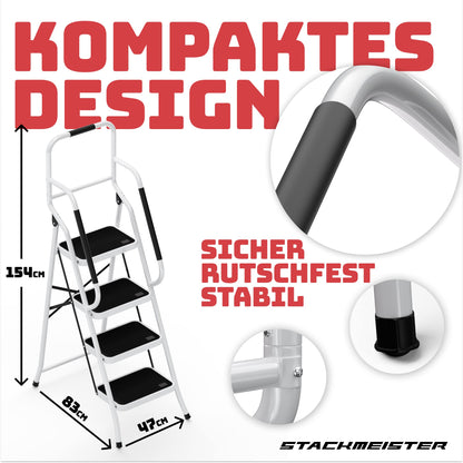 Sicherheitsleiter Klappbar mit Handlauf 4 Stufen weiss