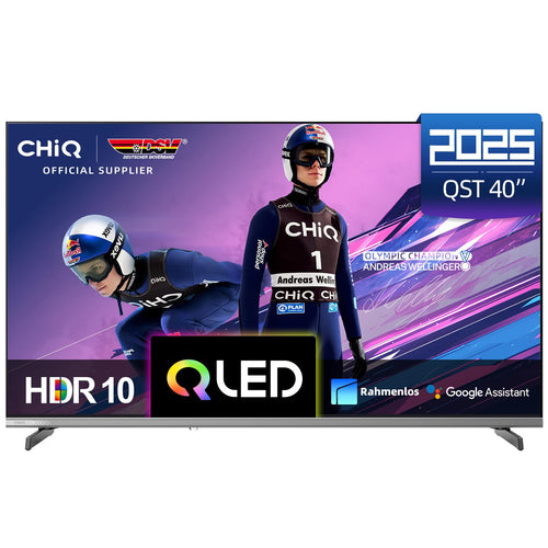 CHIQ L40QST QLED Pro Google TV Smart Fernseher 40 Zoll FHD. Schwarzer, rechteckiger QLED Pro Fernseher für scharfe Full HD Inhalte via Google TV.