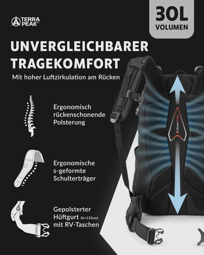 Terra Peak Flex 30 Wanderrucksack 30L mit Rückenbelüftung, schwarz
